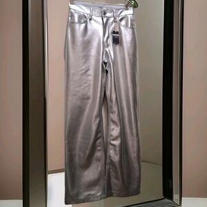 New Abercrombie & Fitch Metallic Silver Vegan Leather Pants 90s Straight